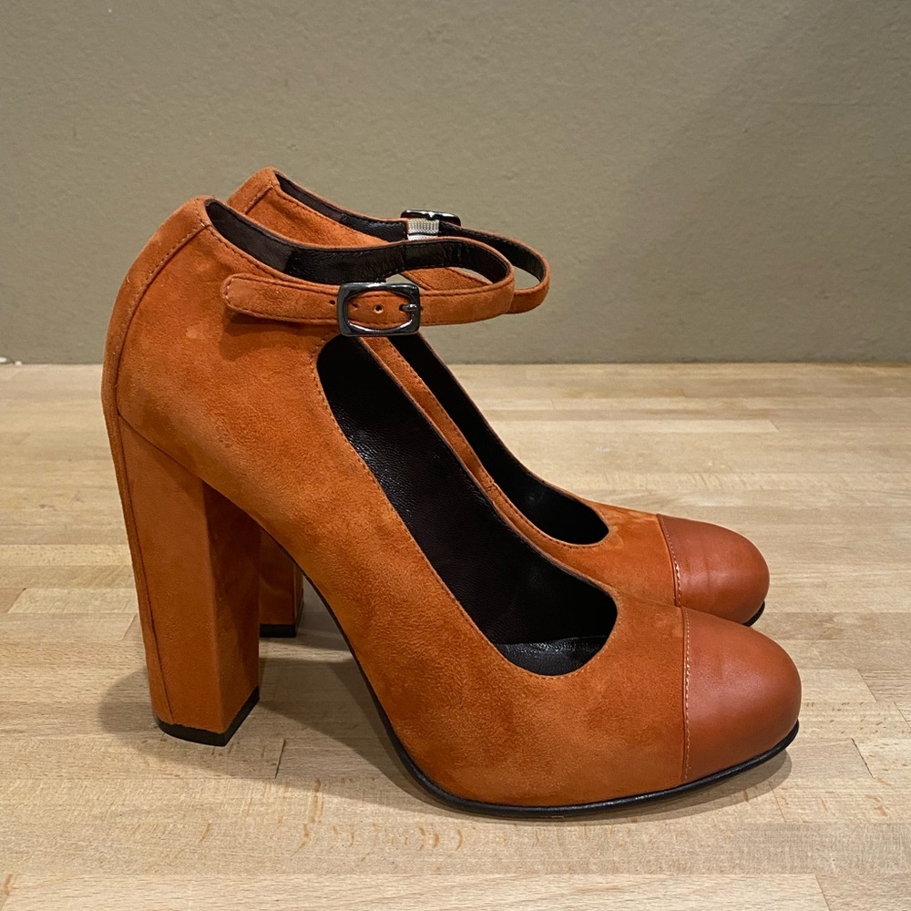 MAX & CO Mary Jane Chunky Heels Rusty Orange LEATHER Suede 39 ITALIAN US 8 Y2K
